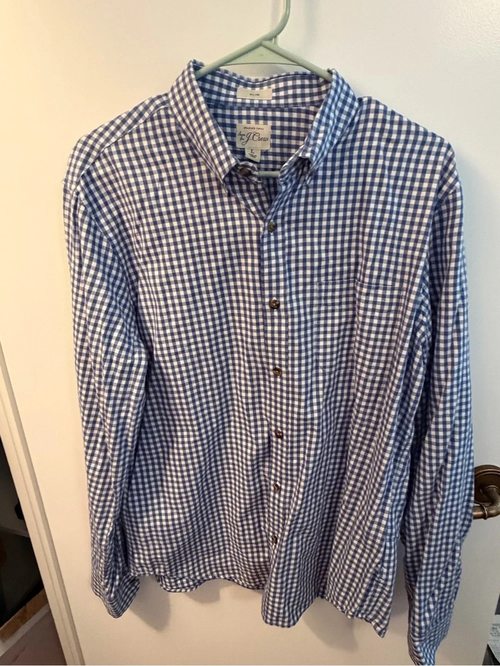 J.Crew Brushed Twill Gingham Shirt Blue White Slim Fit Cotton Mens L